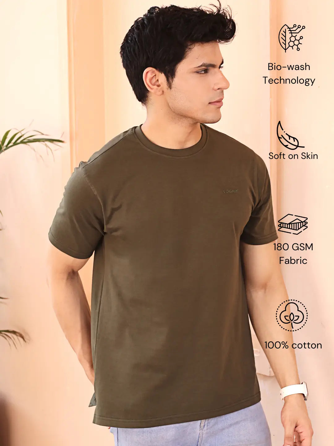 Man wearing a army green cotton crew neck t-shirt