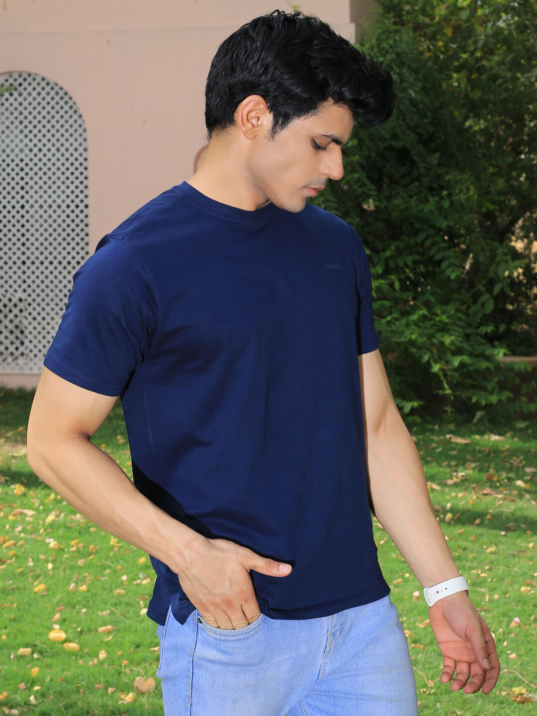 Men Blue Crew Neck Cotton T-shirt by thrust.club