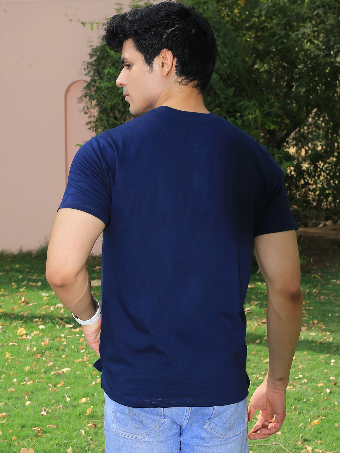 Men Blue Crew Neck Short Sleeve Cotton T-shirt