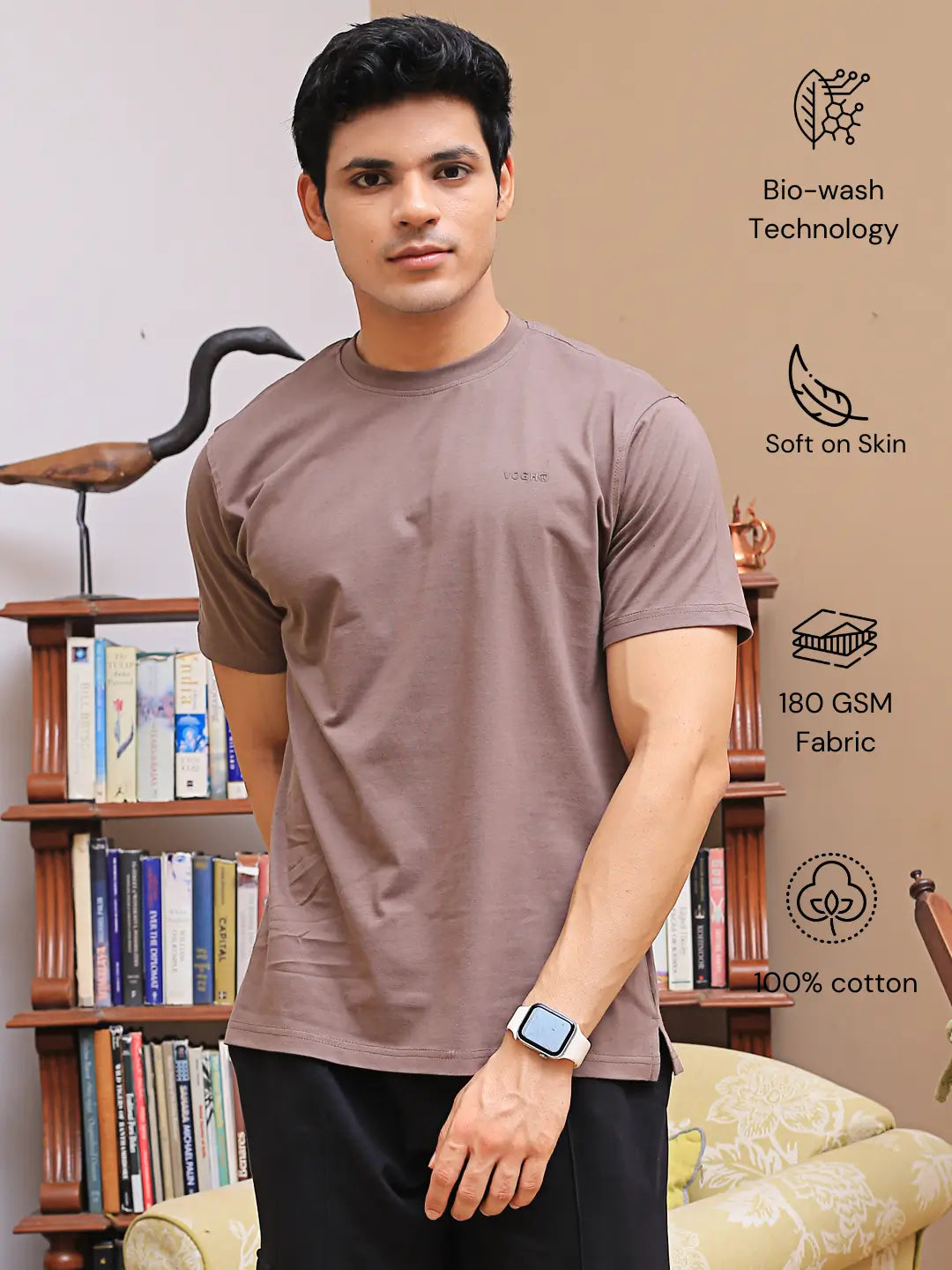 Man wearing a brown crew neck t-shirt with bio-wash technology, softness, breathable fabric