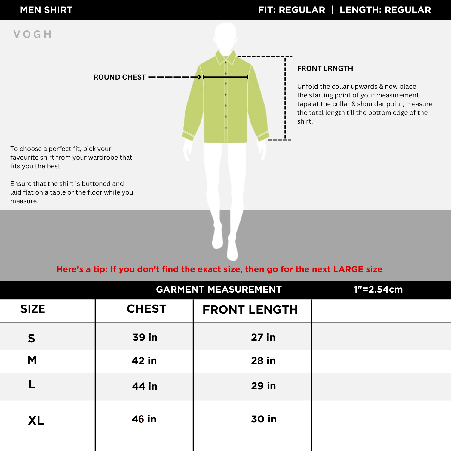 full sleeve shirt size chart in number