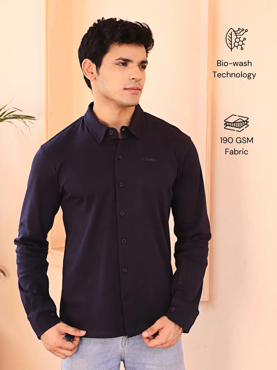 Man wearing a navy full sleeve cotton shirt