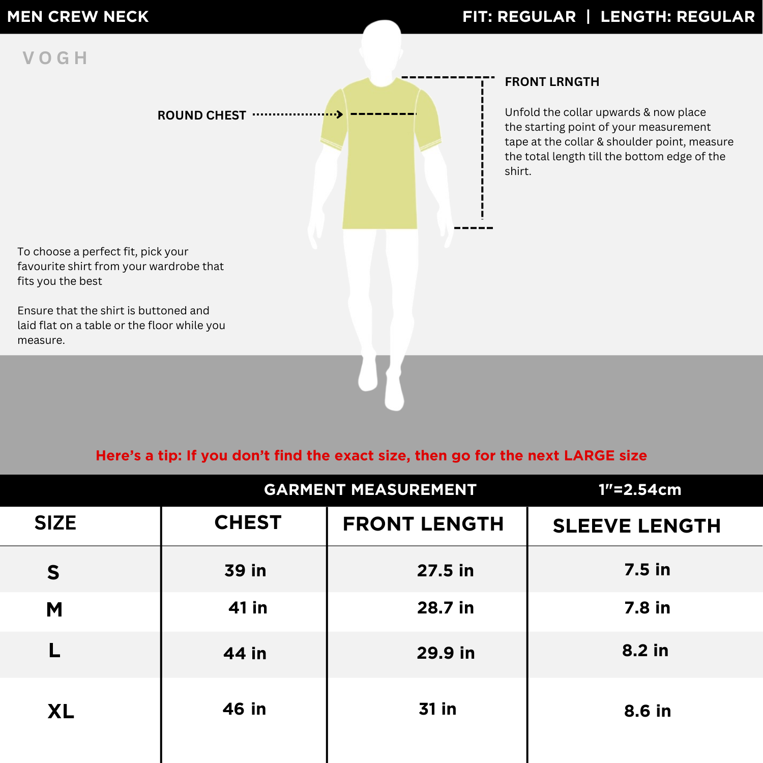 Measurement chart for men's crew neck t shirts