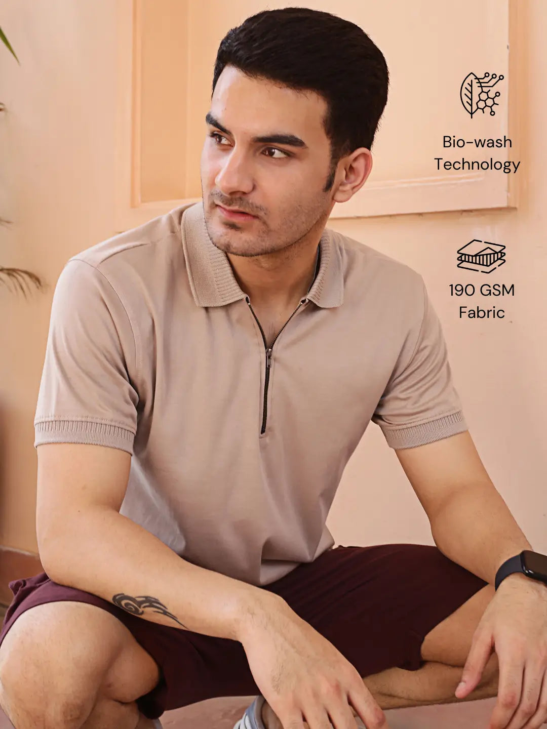 Man wearing a beige cotton polo shirt