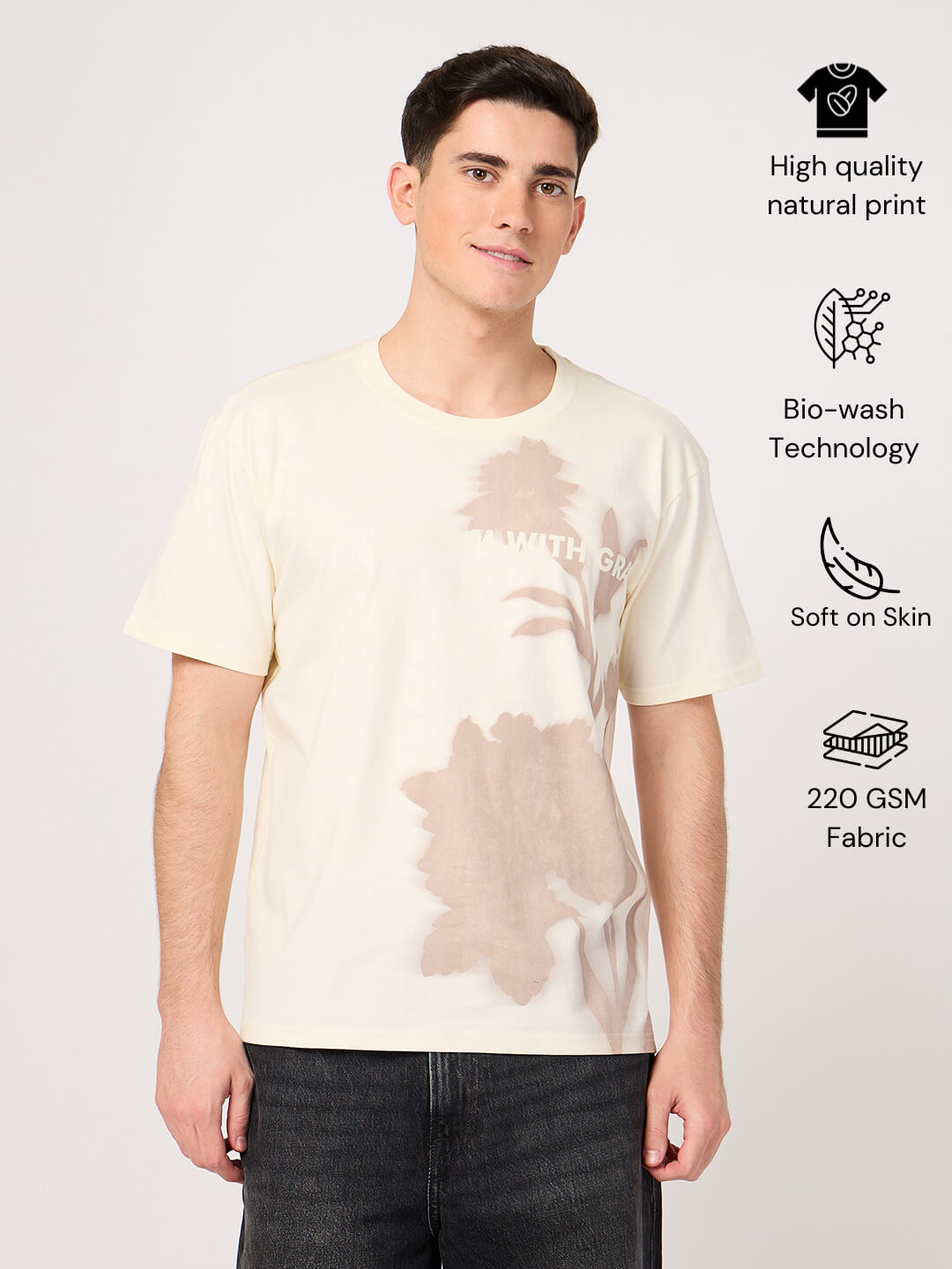 Man wearing a beige printed t-shirt made with pure cotton