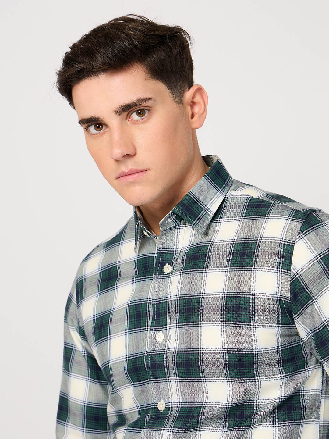 man wearing cotton green white check shirt