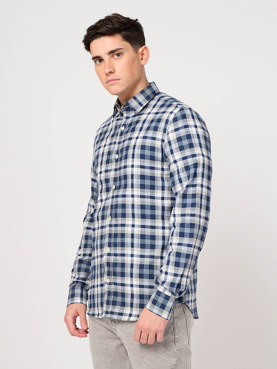blue white checked shirt for men