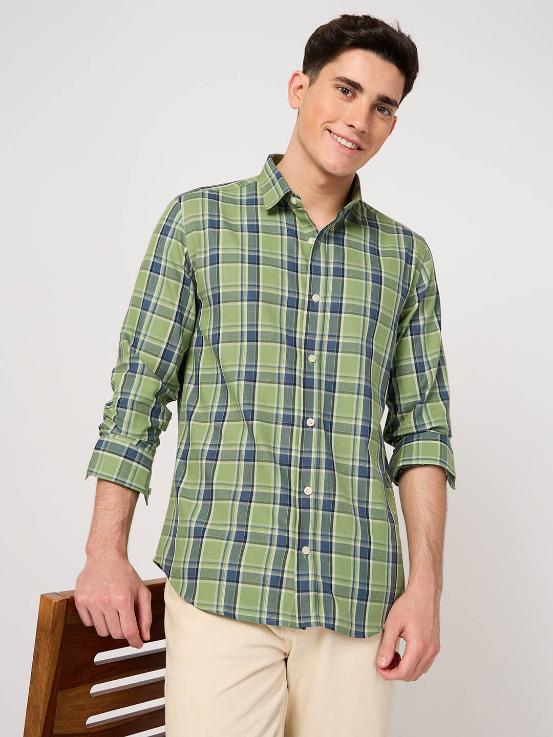 twill cotton green check shirt for men