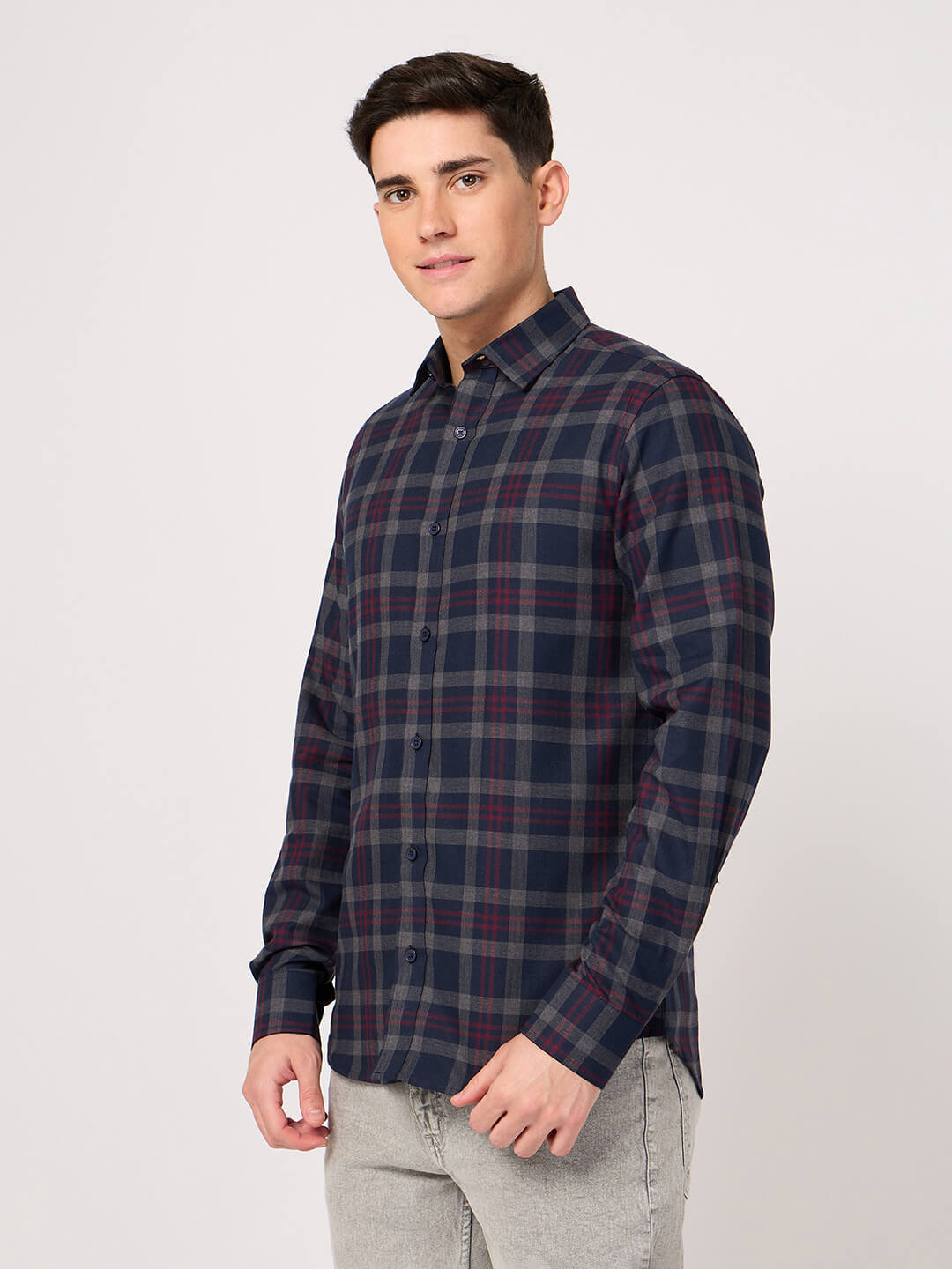 cotton navy blue maroon check shirt