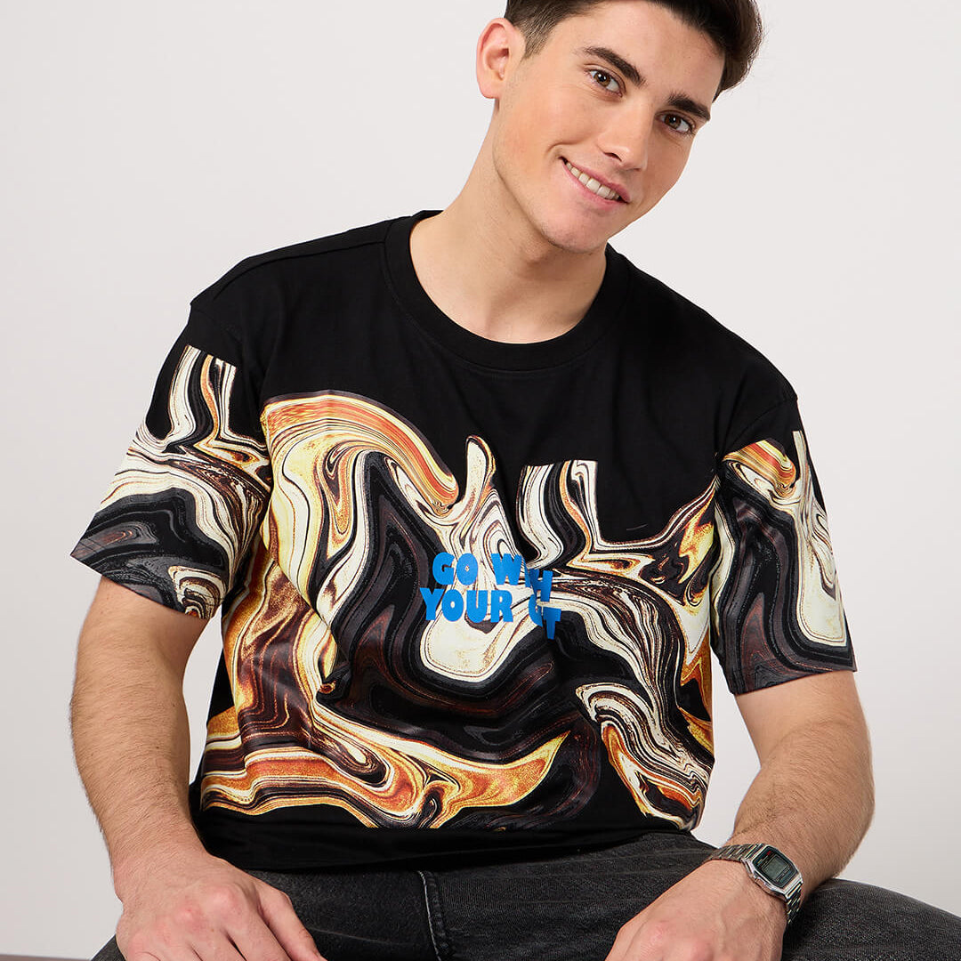man wearing a printed cerw neck t shirt