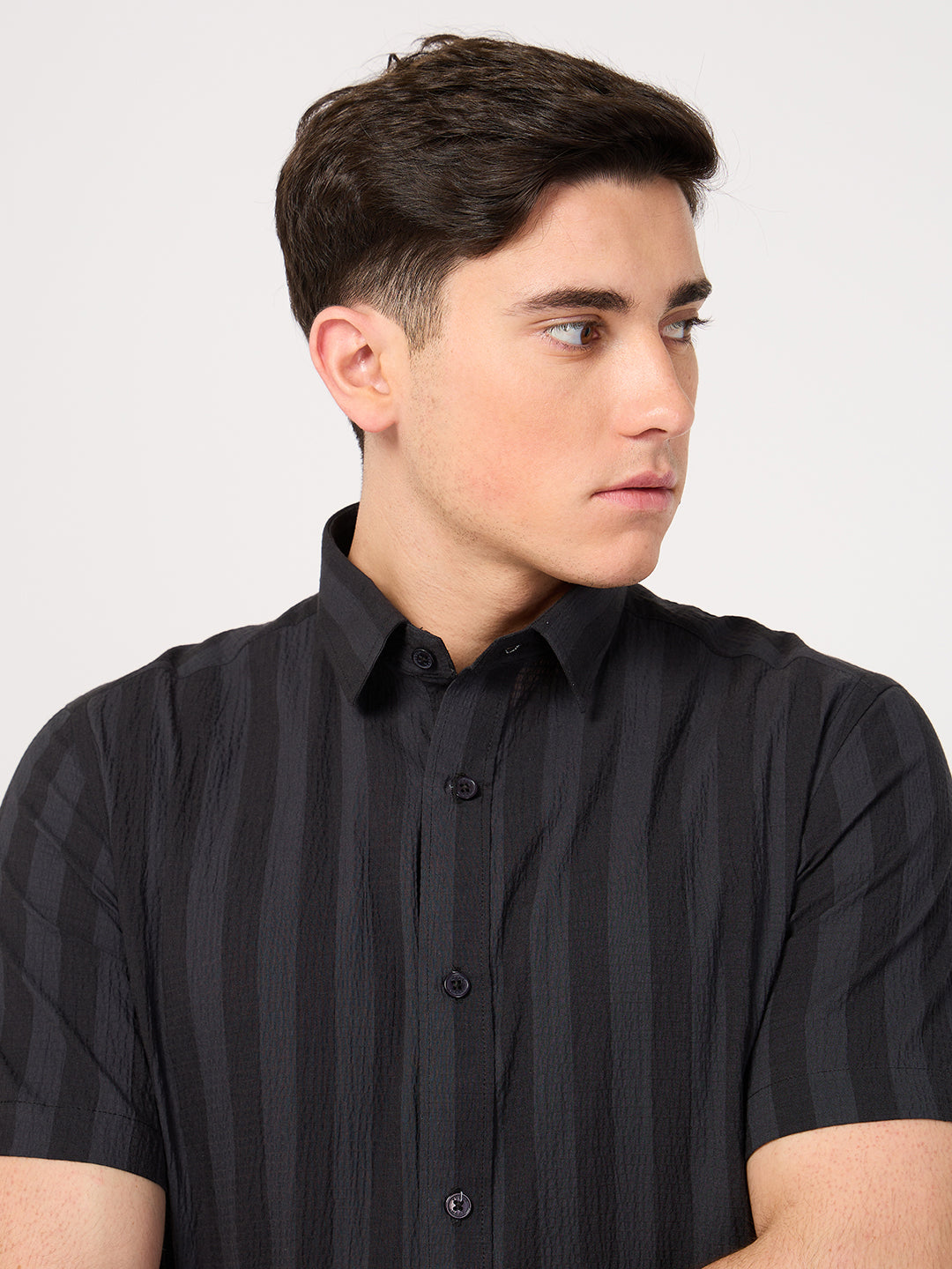 men's grey striped half sleeve shirt by thrust club