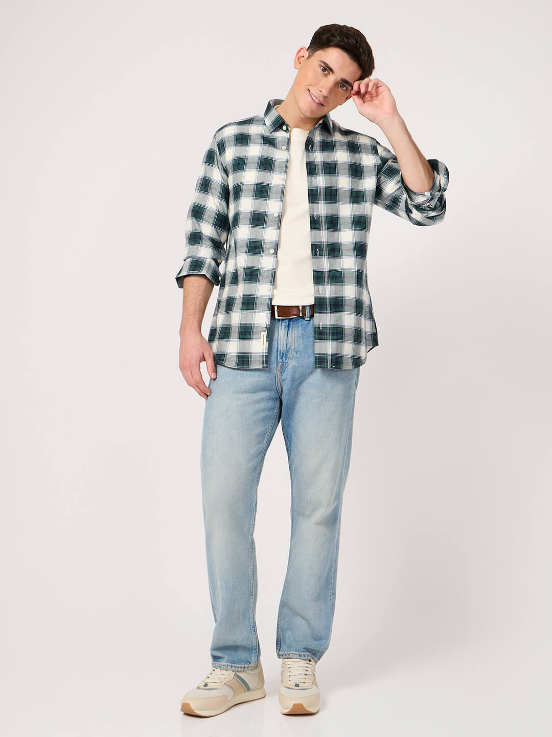 cotton green white checked shirt