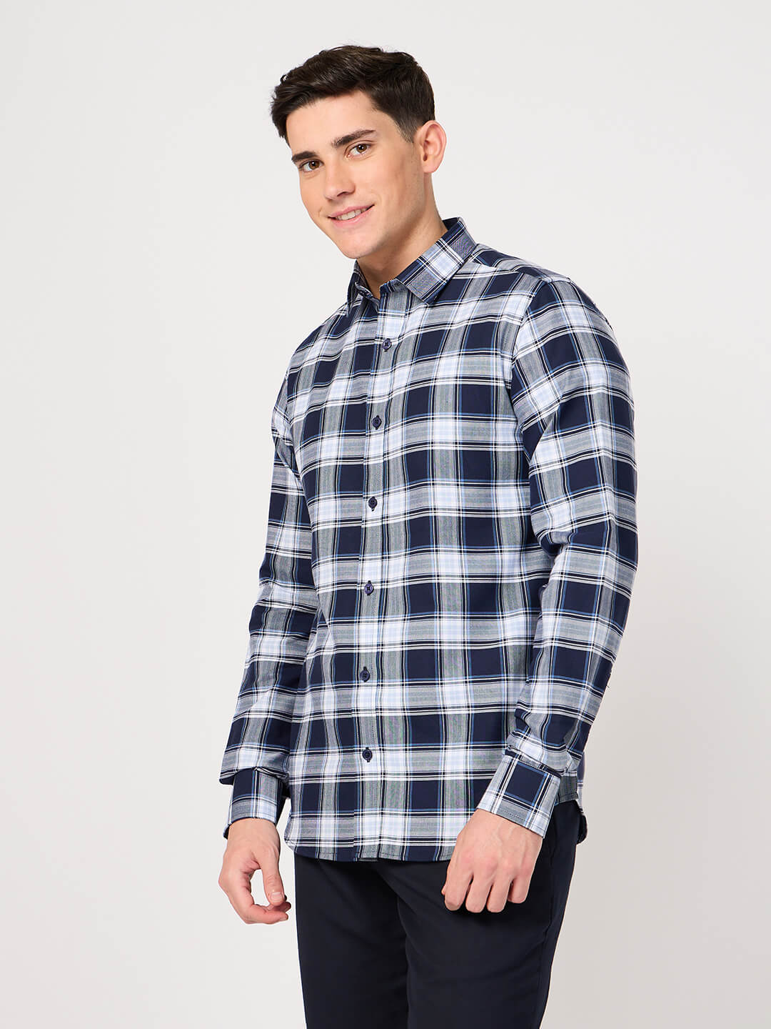 Man wearing a pure cotton blue and white check shirt