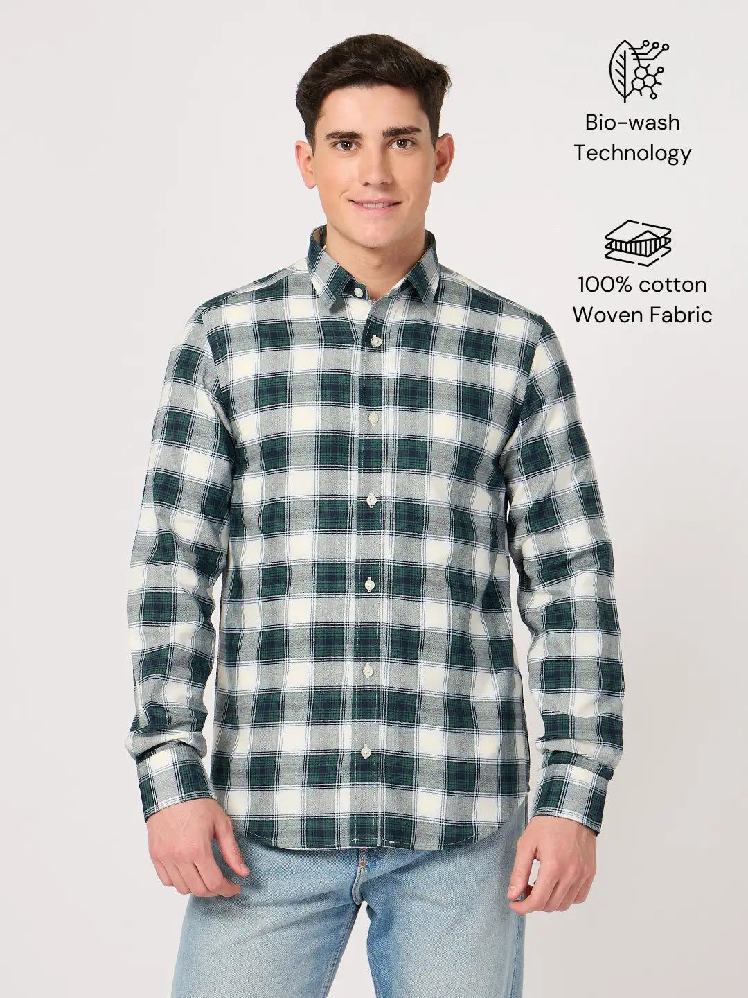 cotton green white check shirt for men