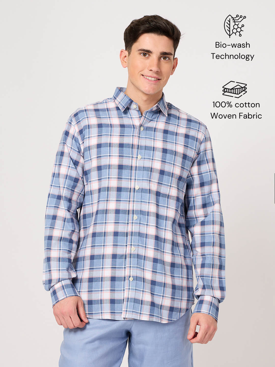 cotton sky blue check shirt for men