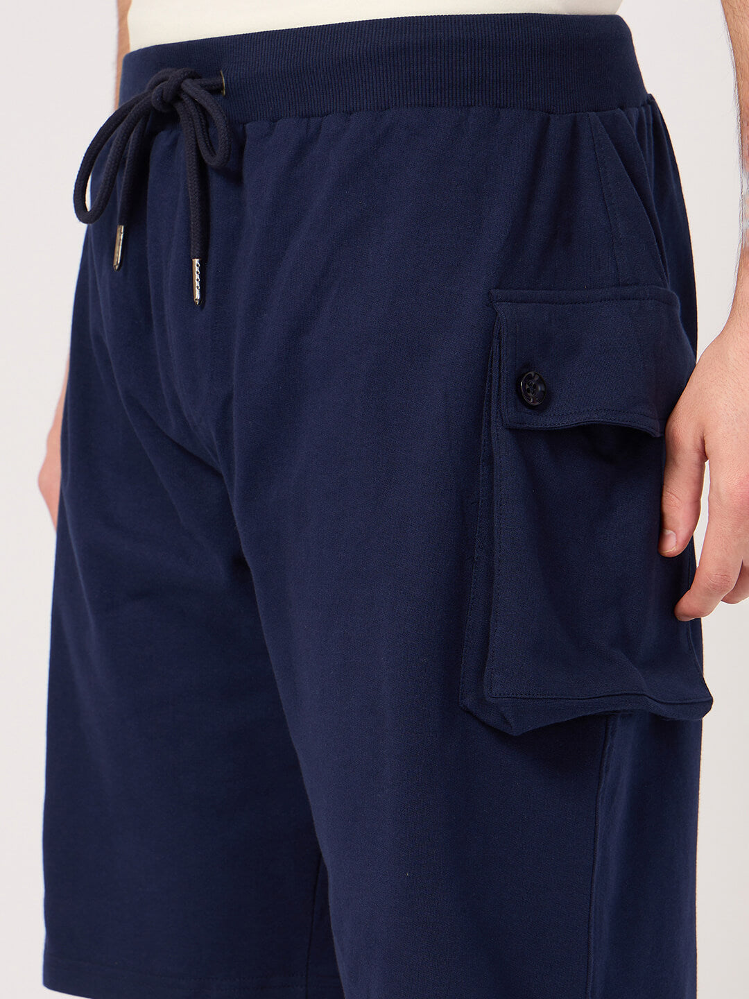 Navy blue cargo shorts with a drawstring