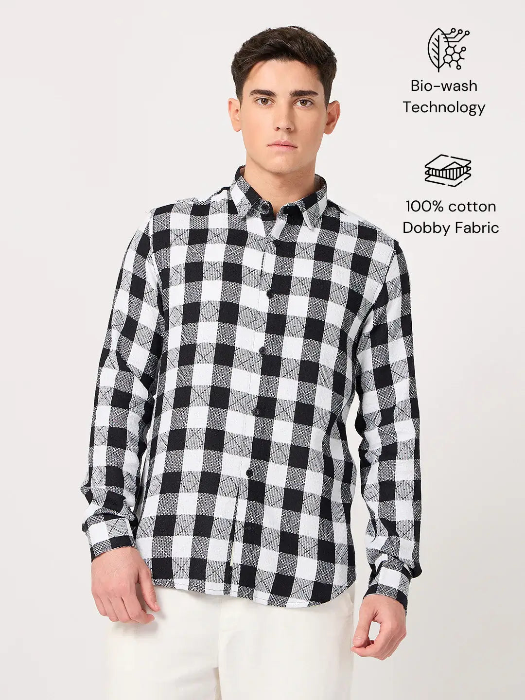 textured cotton black and white check shirt for men