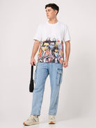 men wearing a white devil print tshirt and jeans