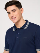 pure cotton navy blue polo shirt with jacquard collar for men