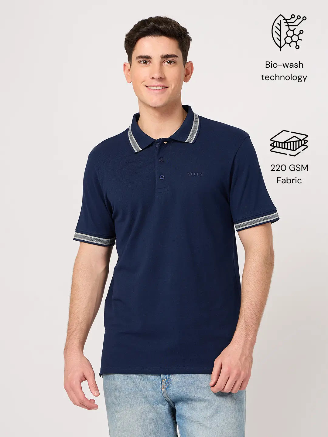 Man wearing a navy blue polo t shirt