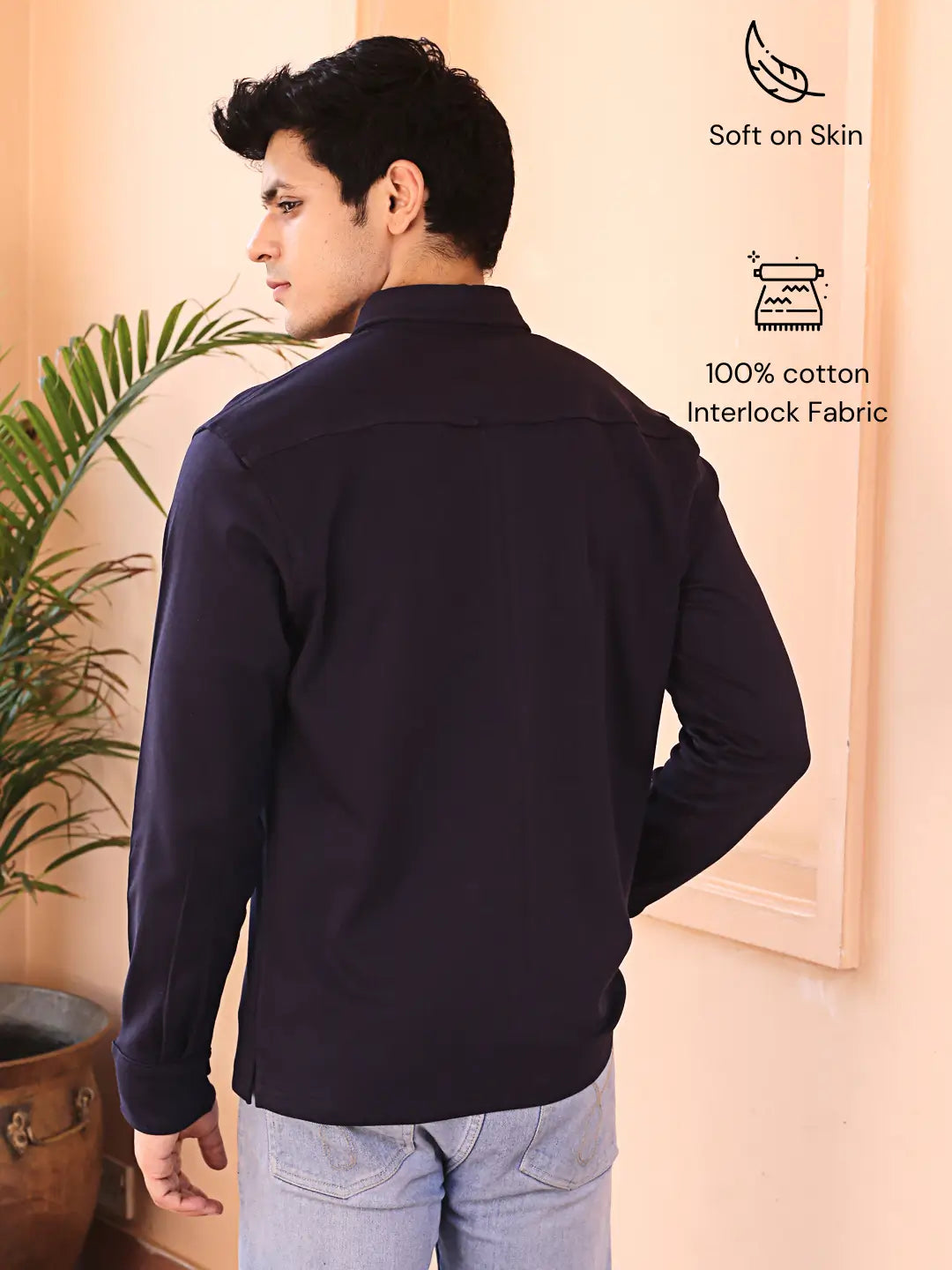 Man wearing a navy blue full sleeve shirt made with cotton fabric