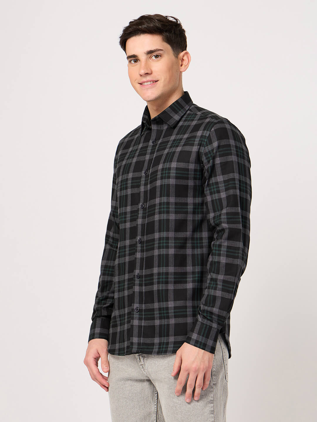 Man wearing a stylish twill cotton grey check shirt