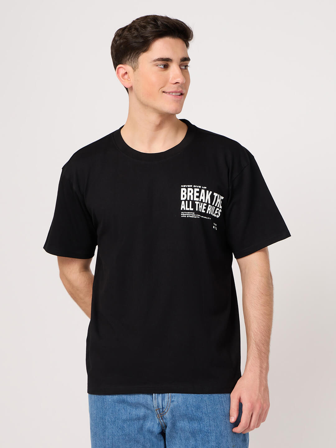 Person wearing a cotton black printed t-shirt