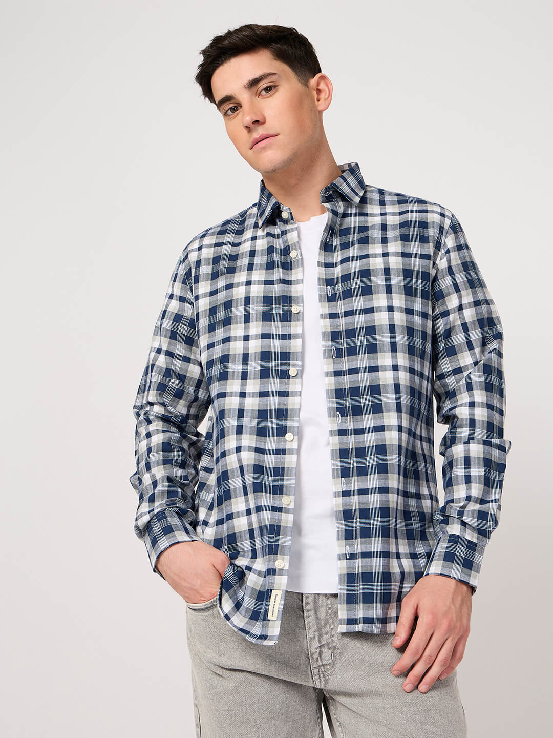 blue white plaid shirt for men