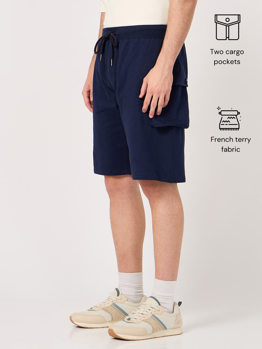 Navy shorts with pocket and drawstring on a white background
