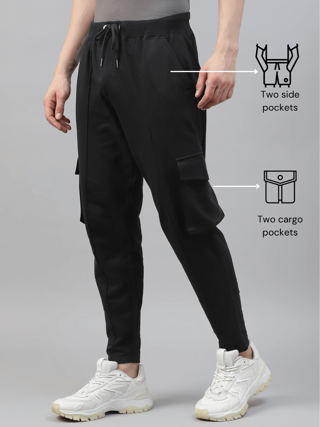 Men's cotton cargo pocket pants in black color, featuring two cargo and two side pockets