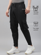 Men's cotton cargo pocket pants in black color, featuring two cargo and two side pockets