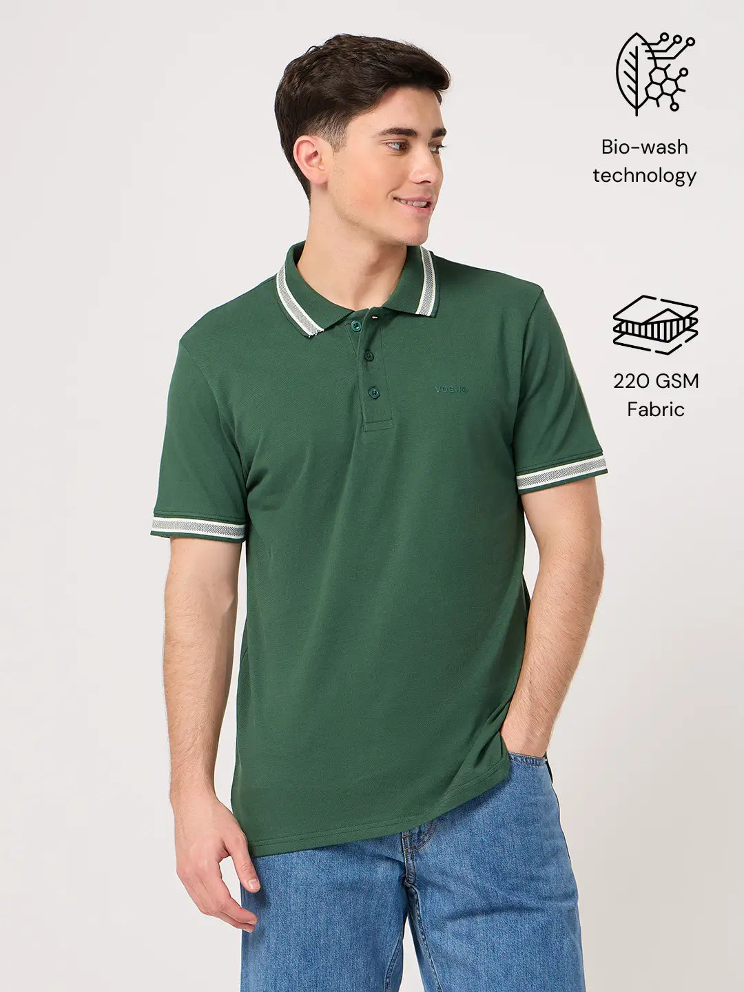 Man wearing a green cotton polo shirt