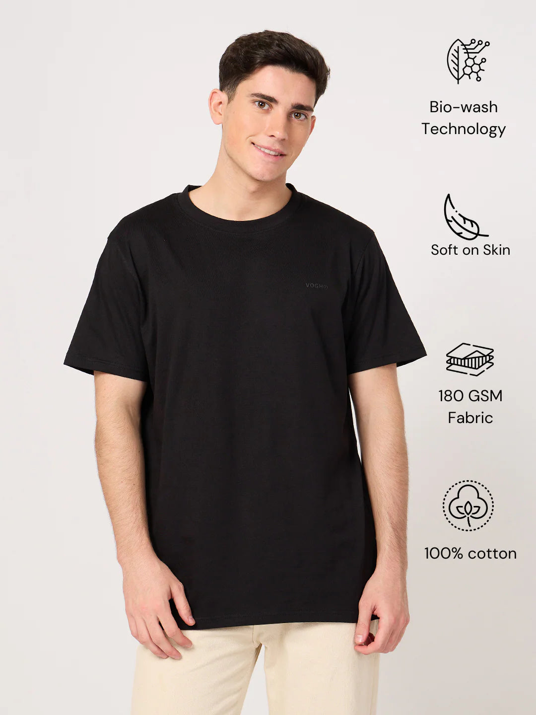 Man wearing a black t-shirt with bio-wash technology, softness, cotton fabric