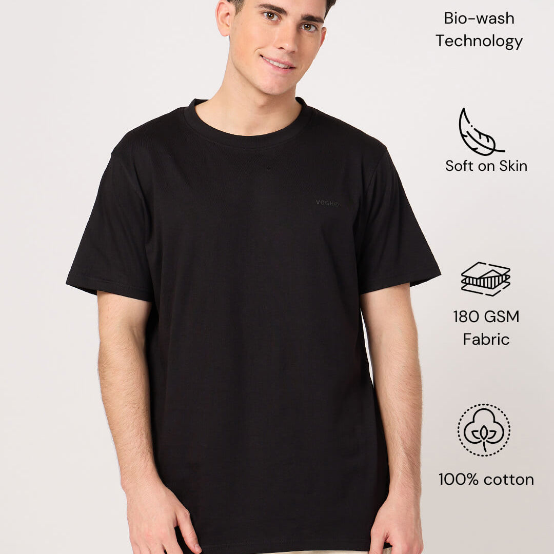 Man wearing a black round neck cotton t-shirt