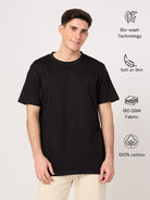 Man wearing a black round neck cotton t-shirt