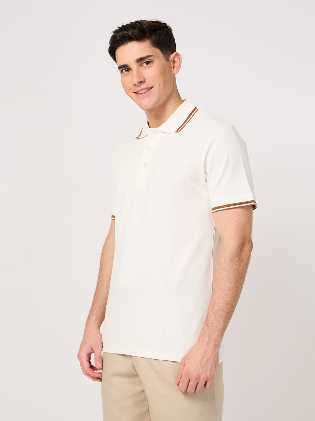 man in white polo t-shirt with jacquard collar