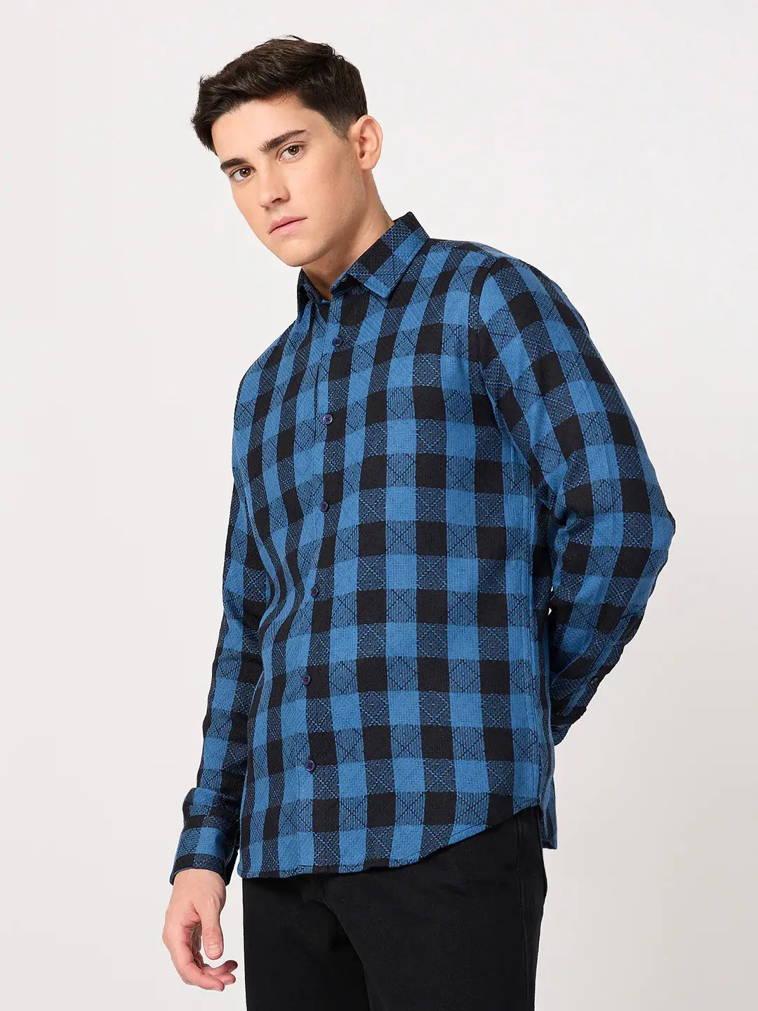 full sleeve textured cotton blue check shirt for men