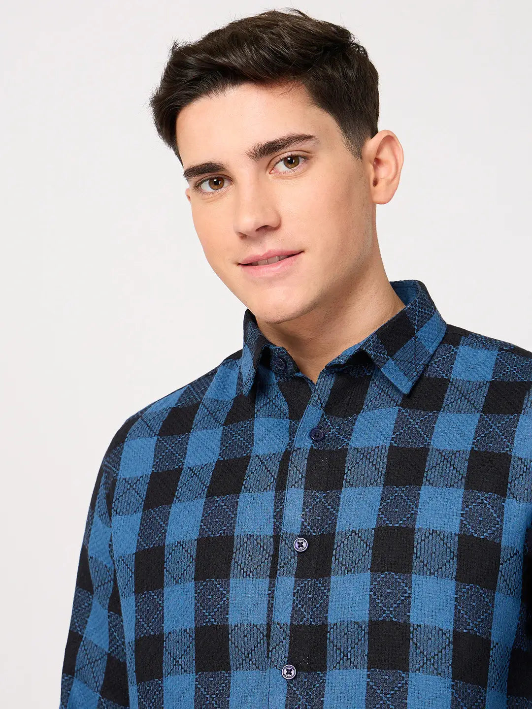 men's textured cotton blue check shirt