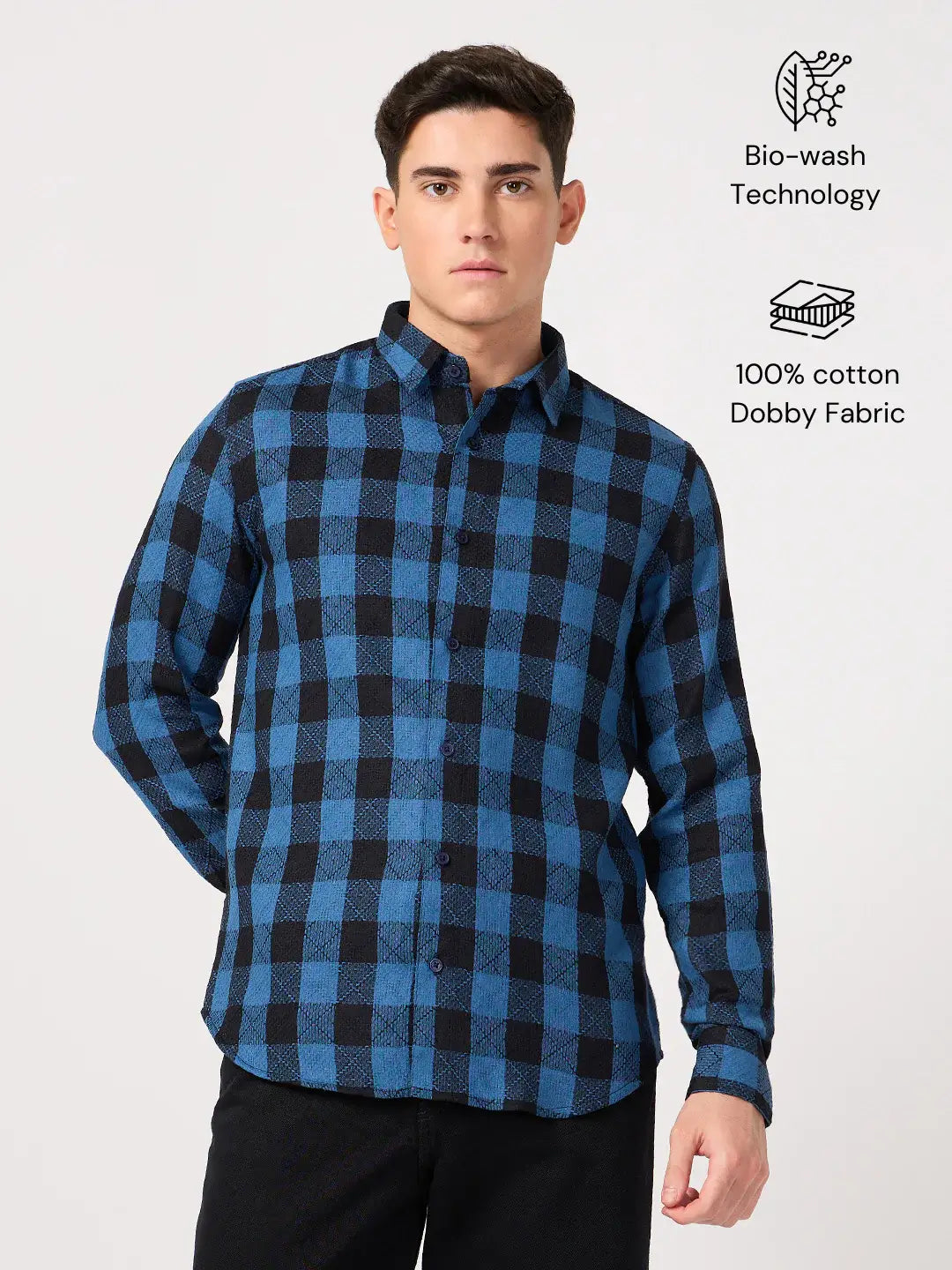 textured cotton blue check shirt for men