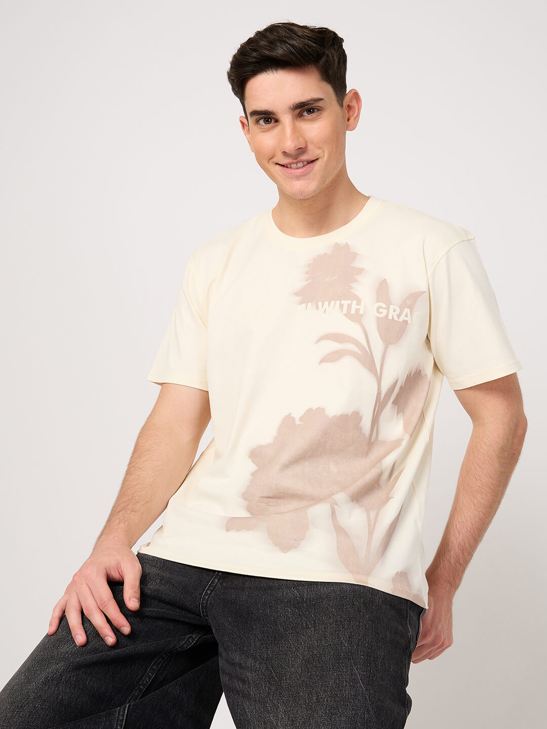 thrust club's beige printed t shirt for men