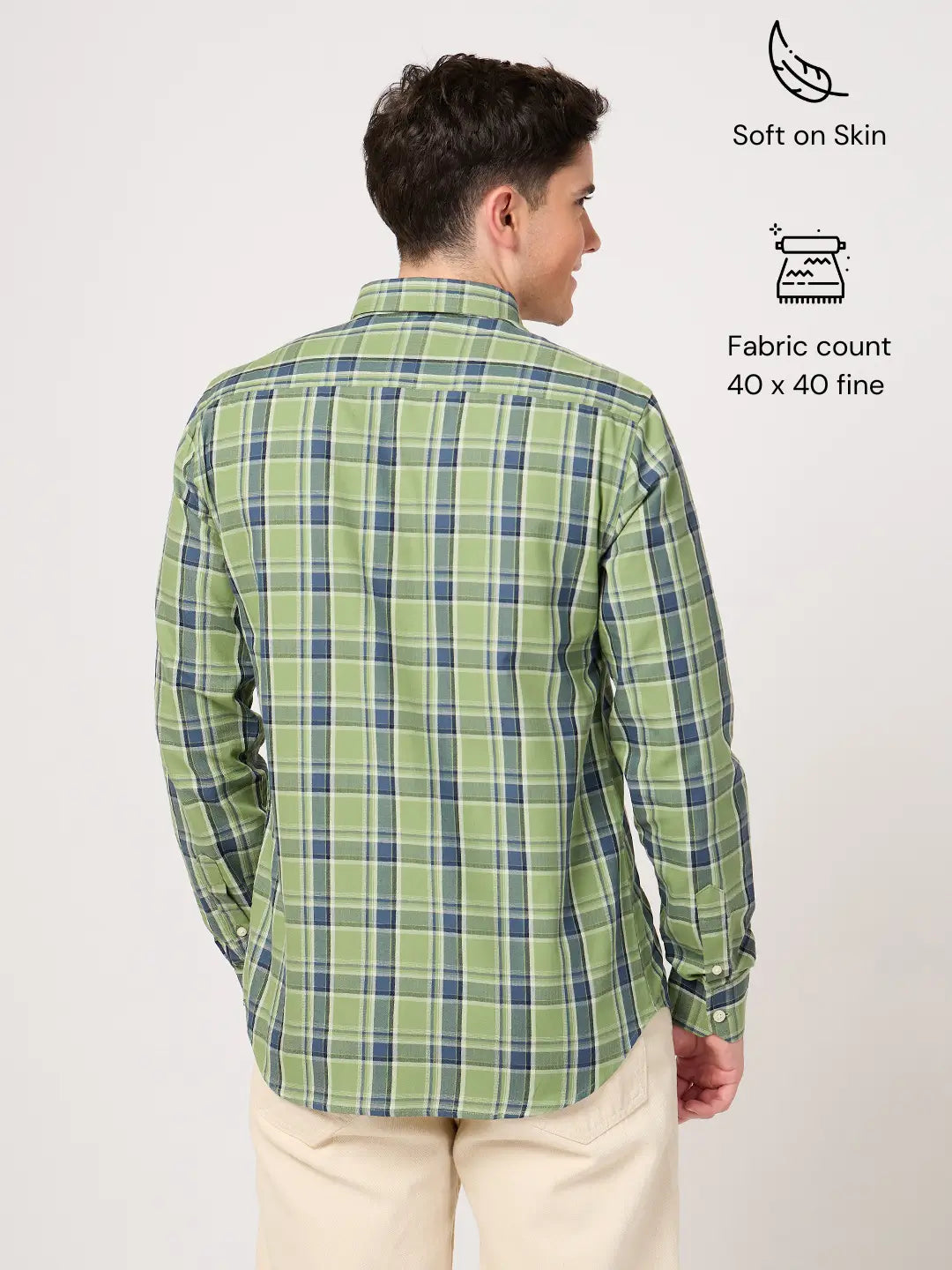 stylish twill cotton green check shirt for men