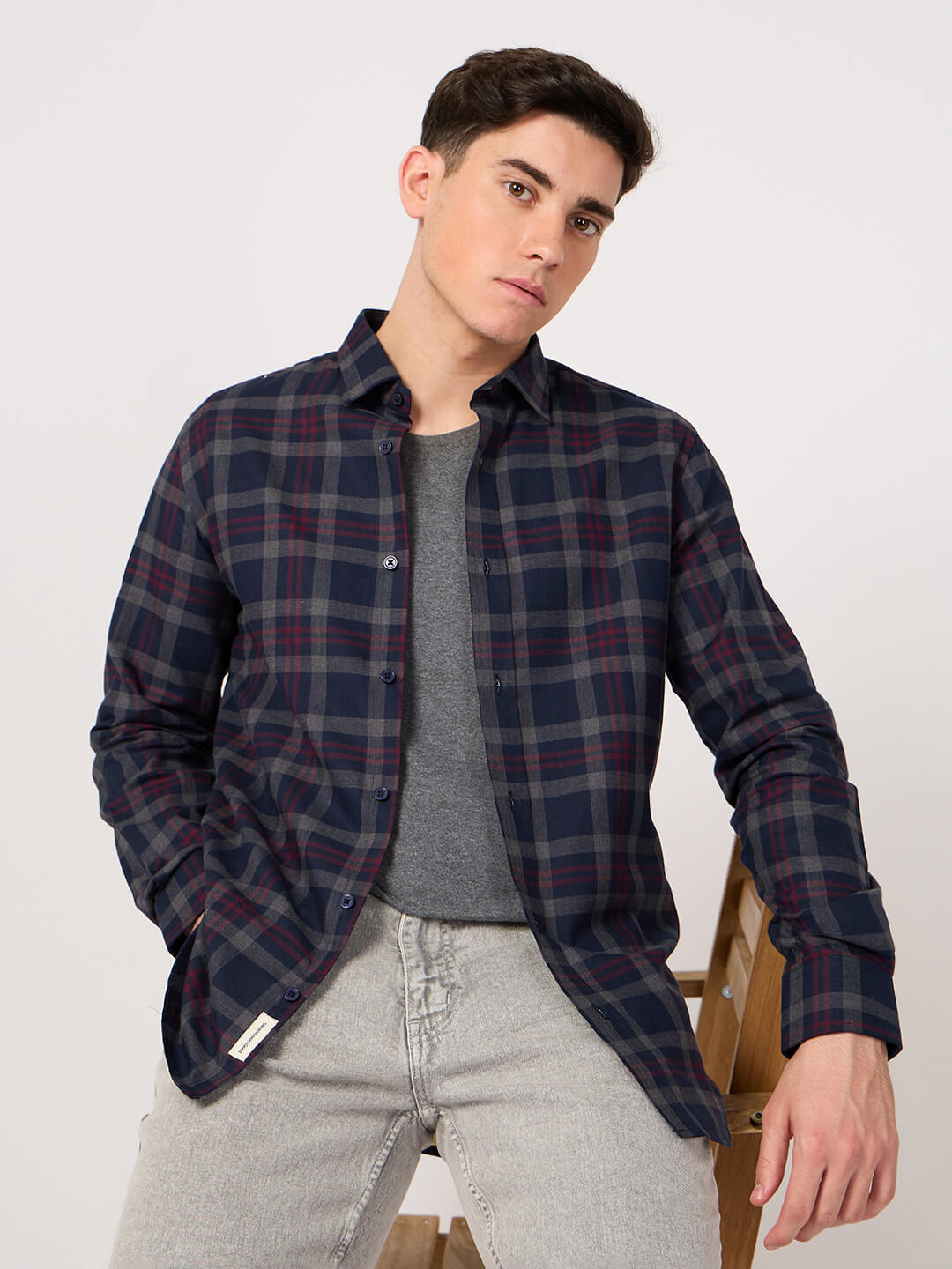 navy blue maroon check shirt