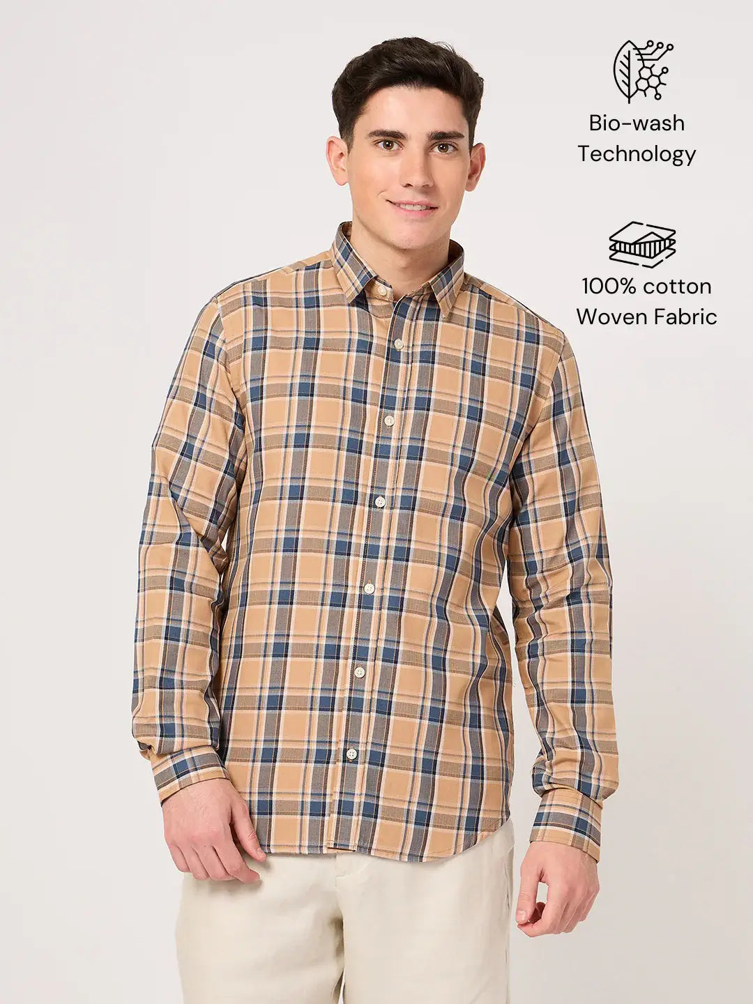 cotton orange check shirt for men