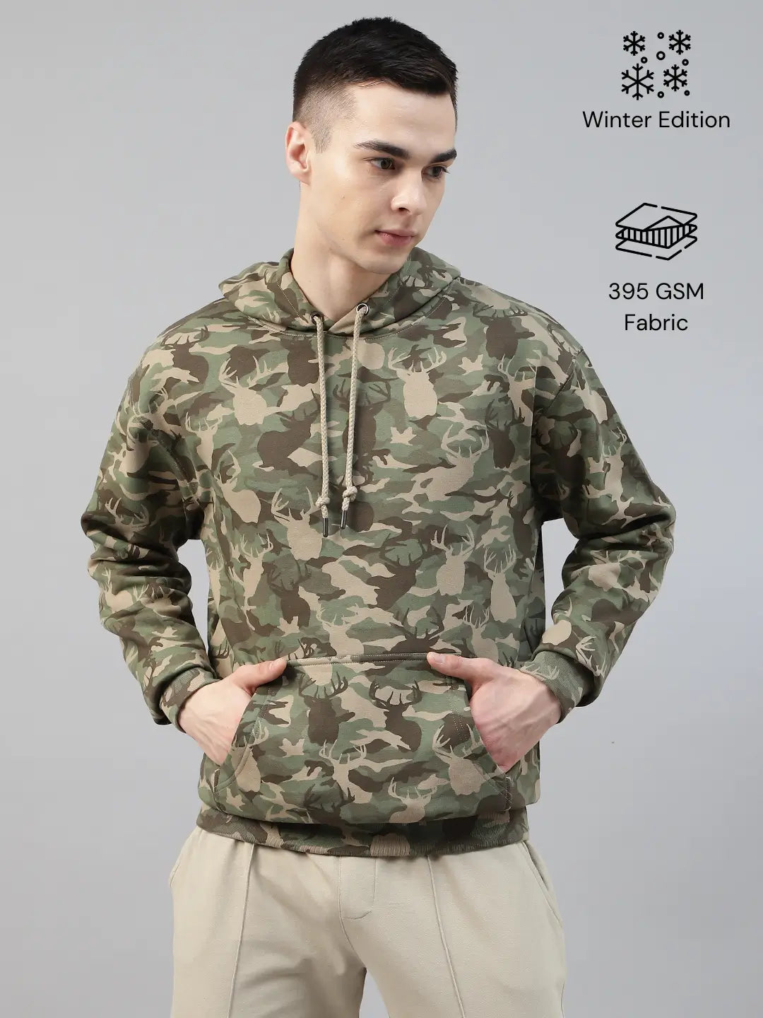 Man wearing a camouflage army hoodie