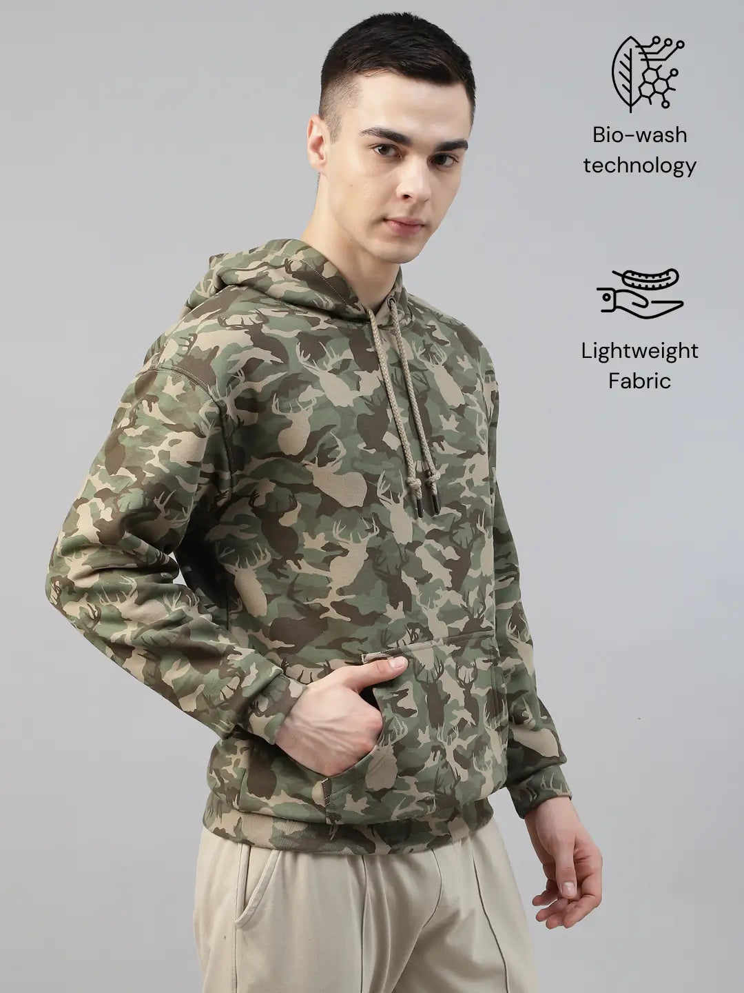 Person wearing a camouflage army hoodie with bio-wash technology