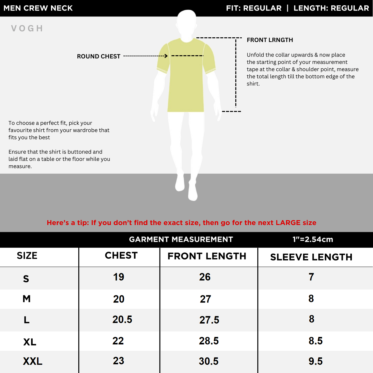 Measurement chart for men's crew neck t shirts
