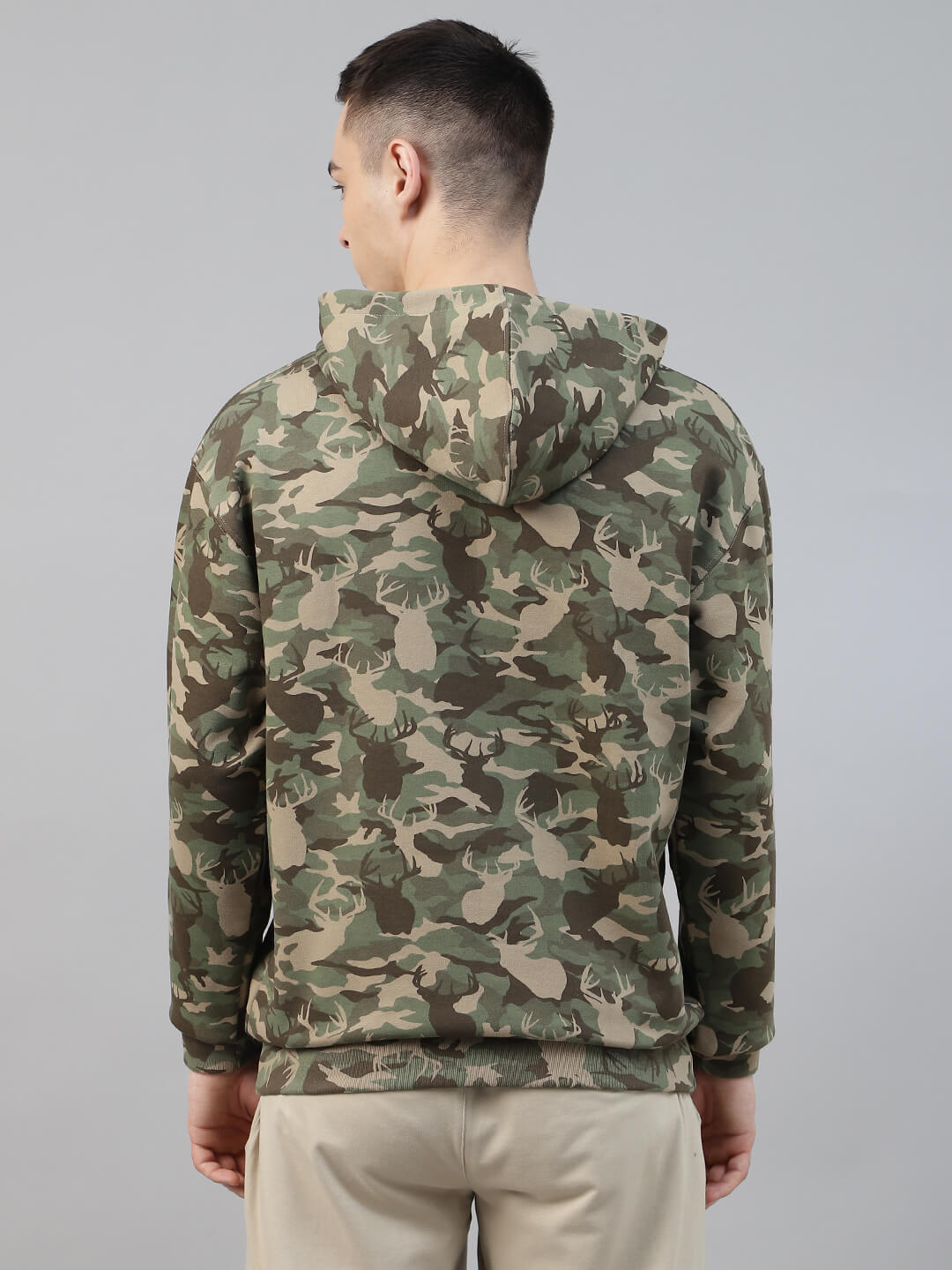 camouflage army print hoodie on a gray background