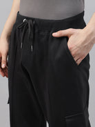 mens black cargo pants close view