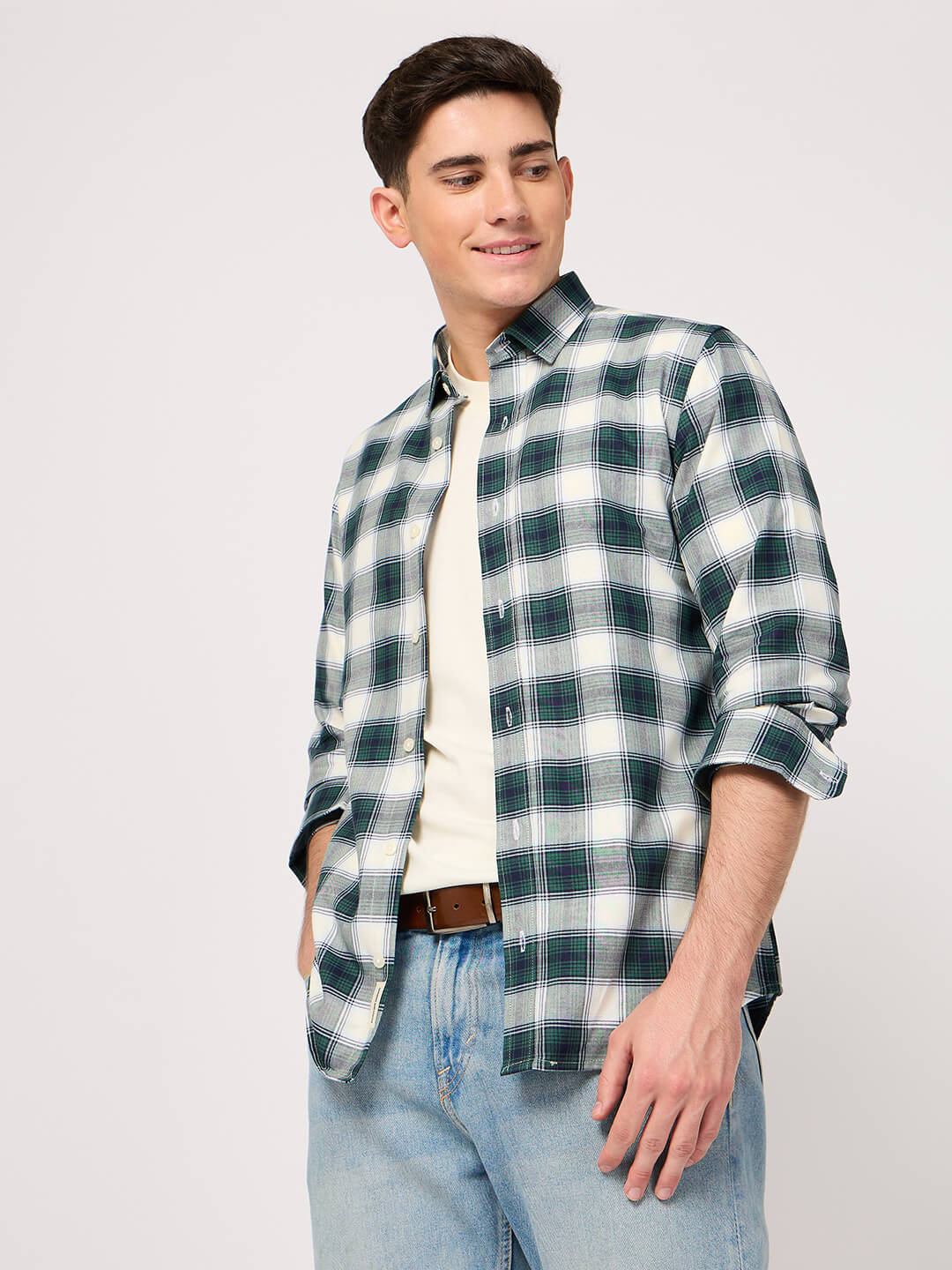 cotton green white check check shirt