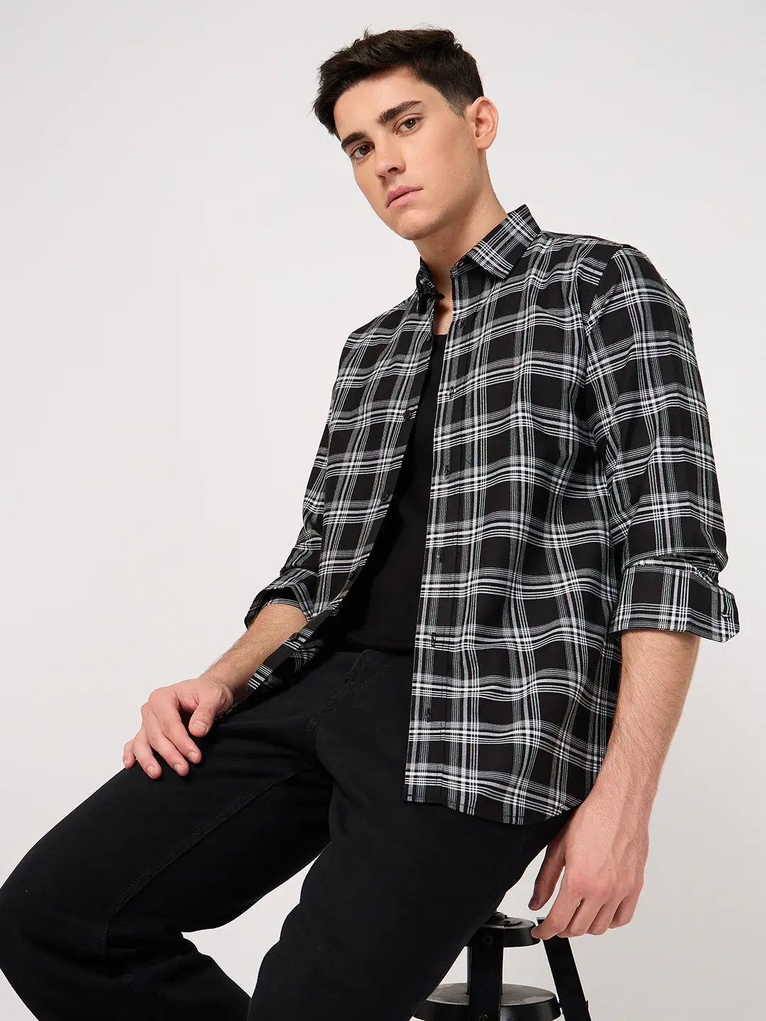 cotton black full sleeve check shirt for men